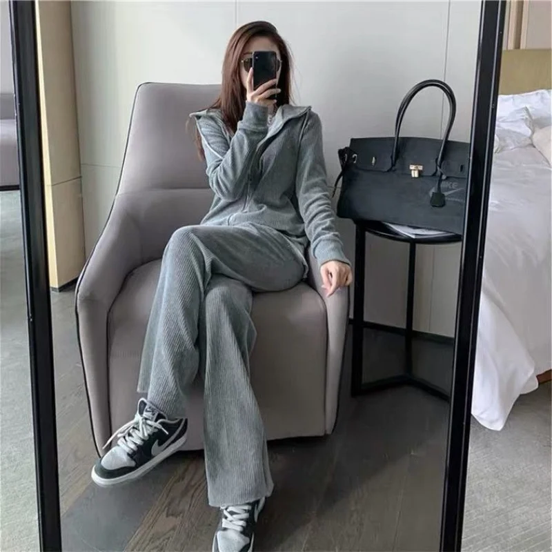 

Women's Spring Two Piece Set 2022 New Fashion Solid Color Hooded Sweater Leisure Sportswear Fitness Suit Girl's Suit