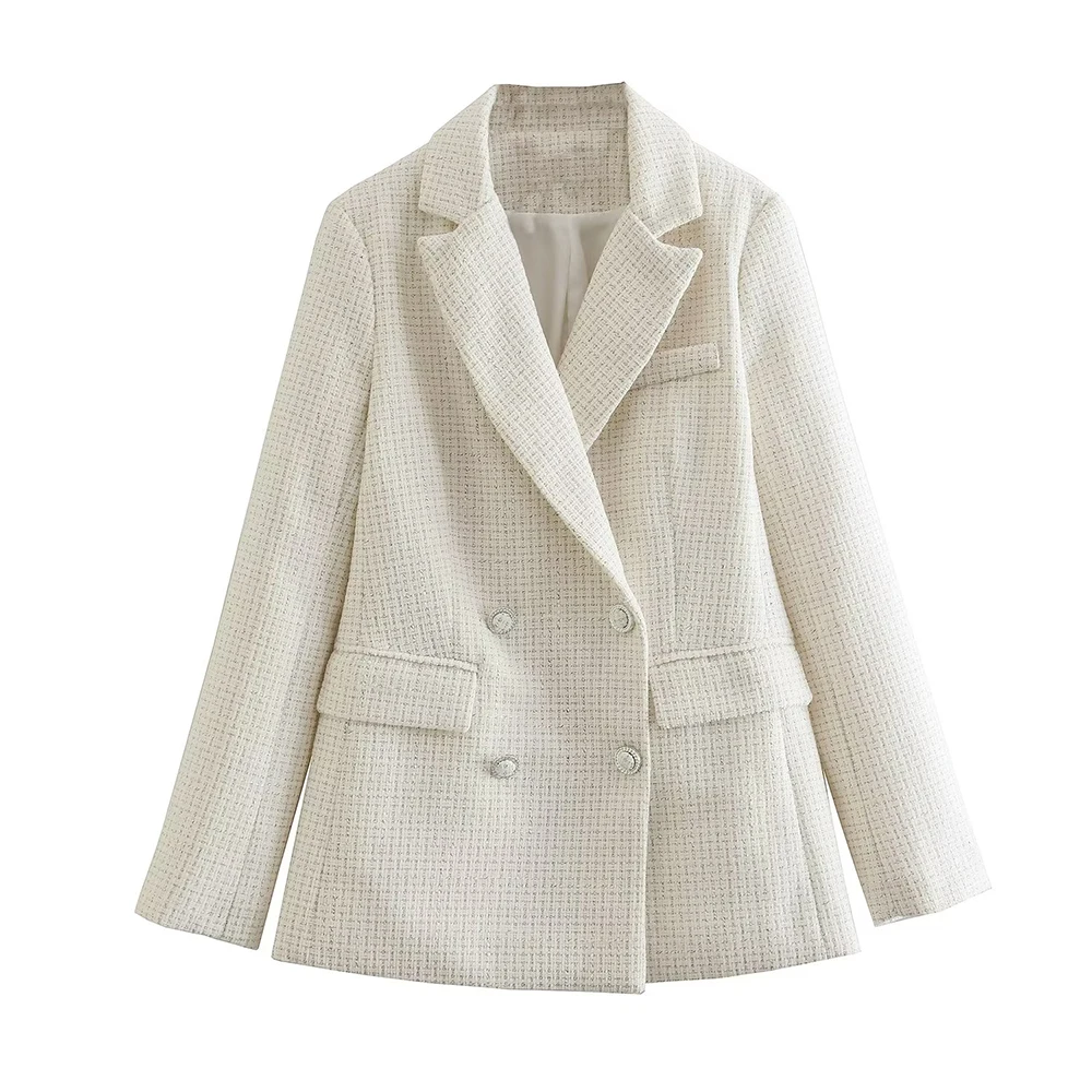 

PB&ZA Women's Blazer Suits Textured Double Breasted Blazer Vintage Loose Office Lady Long Sleeve Jacket Ladies Chic Top Mujer