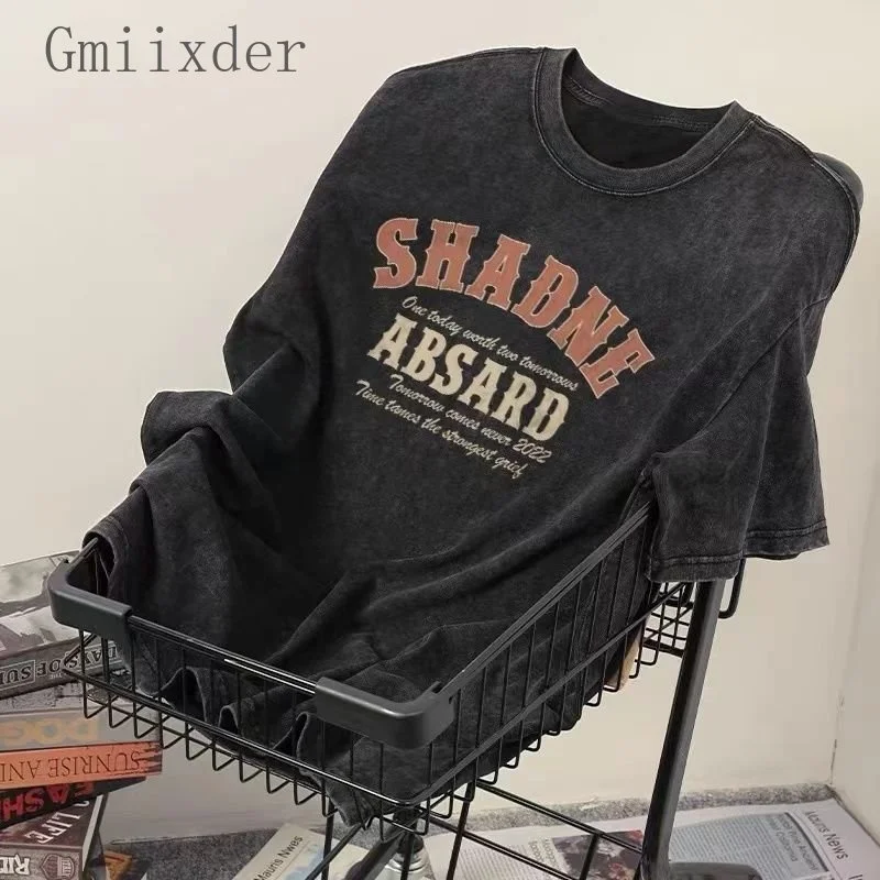 

American Vintage Cotton Shirt Unisex Washed Old Short Sleeve T-shirt Men's Oversize Summer High Street Women Streetwear
