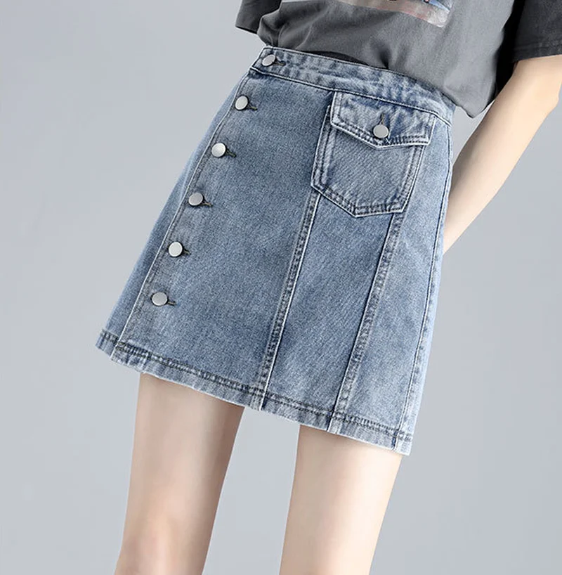 

Women Spring Summer 2021 New High-waist Slim Single-breasted Solid A-line Skirt Korean Fashion Denim Skirts Harajuku All-match