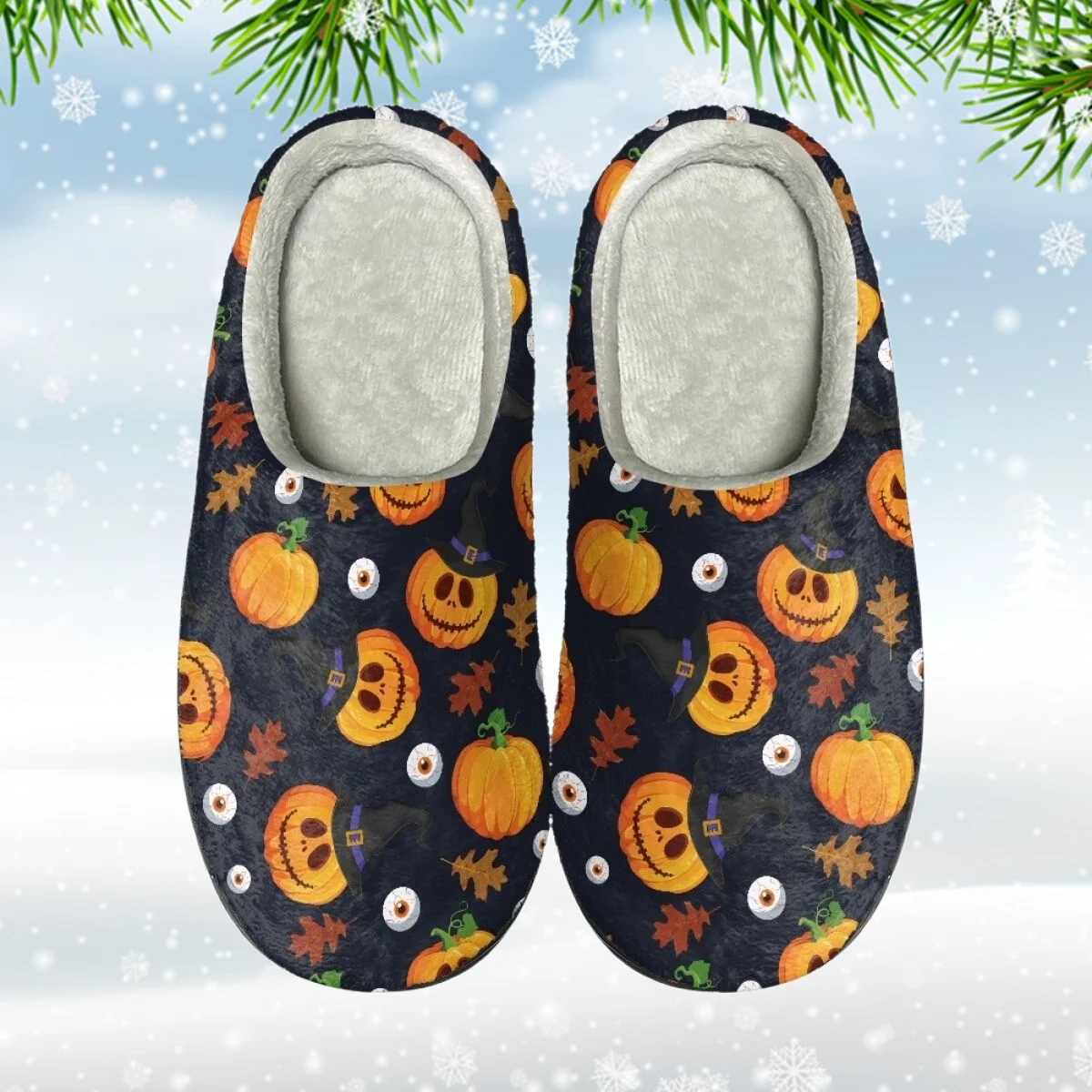 

INSTANTARTS 2023 Halloween Cottoon Slippers Wicked Pumpkins and Maple Leafs Print Couple Women Home Shoes Flip Flop Warm Loafers