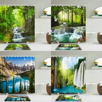 2pcset bathroom shower curtain and rug waterproof fabric natural forest waterfall landscape shower curtains for bath decoration