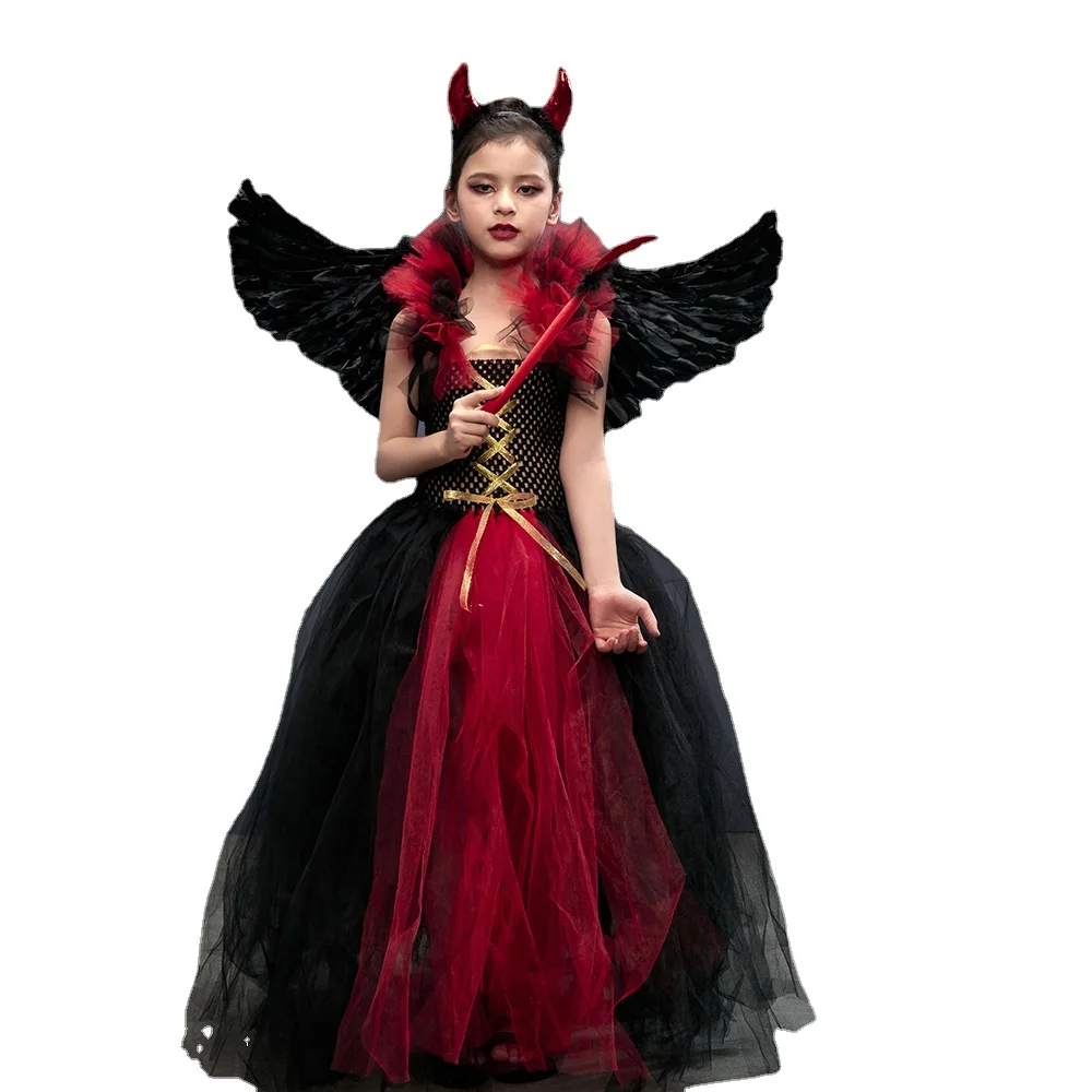 

Little Girls Gothic Vampiress Costume Evil Queen Gown Tutu Dress for Halloween Cosplay Party Clothing Kids Fancy Dress Up Outfit