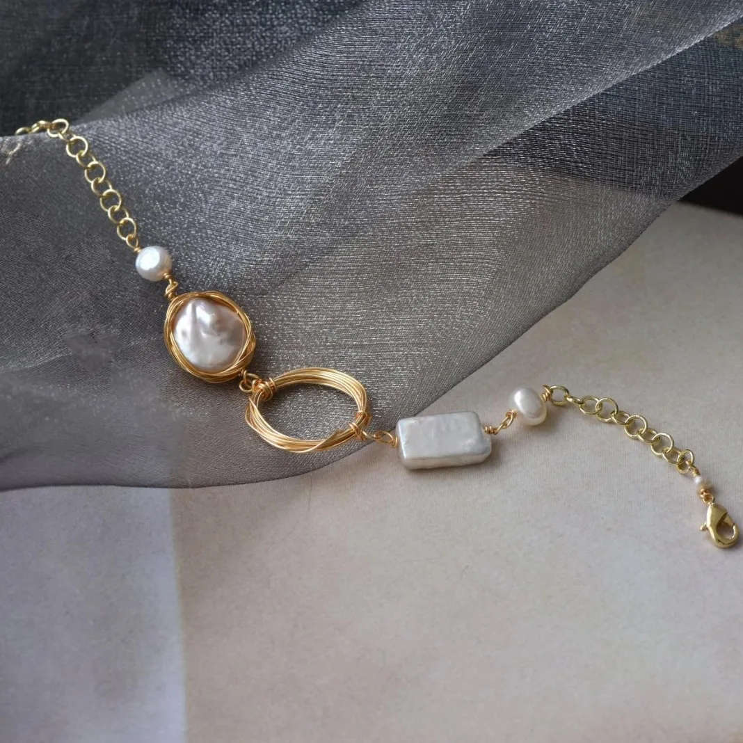 

New Freshwater Pearl Bracelet Ins Niche Design Pure Handmade Personality Fashion All-match Women‘s Bracelet Wave Shape