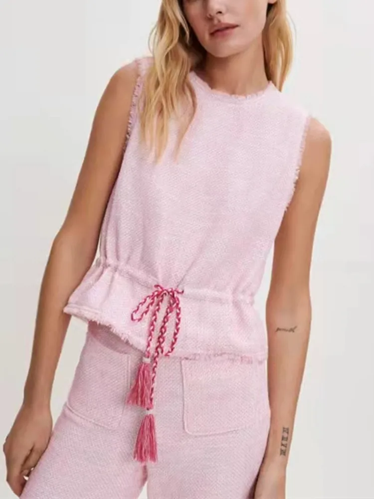 

Women's Pink Tweed Tassel Vest Waist Lace-Up O-Neck Sleeveless Ladies Sweet Tank Top 2022 Spring Summer New