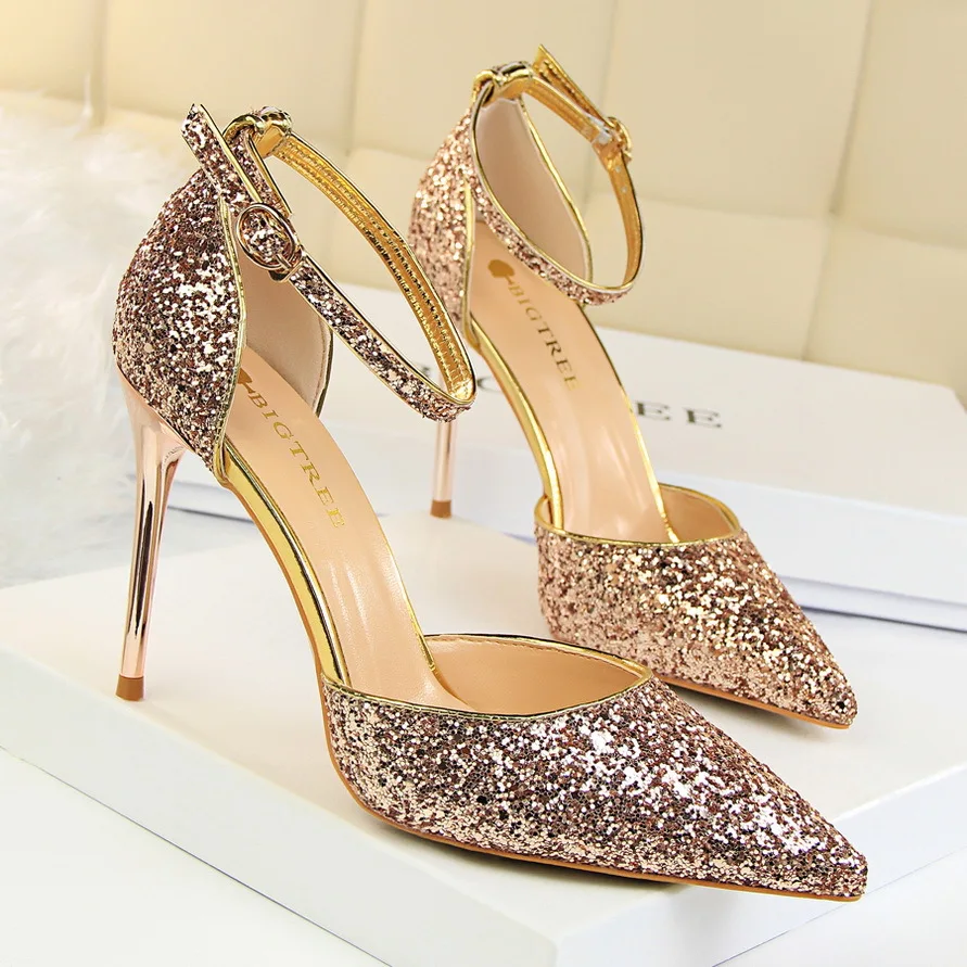 

Sexy Women Sandals Blingbling 9.5cm High Heels For Womans Party Shoes Office Heeled Shoes Solid Female Pumps sandálias feminina
