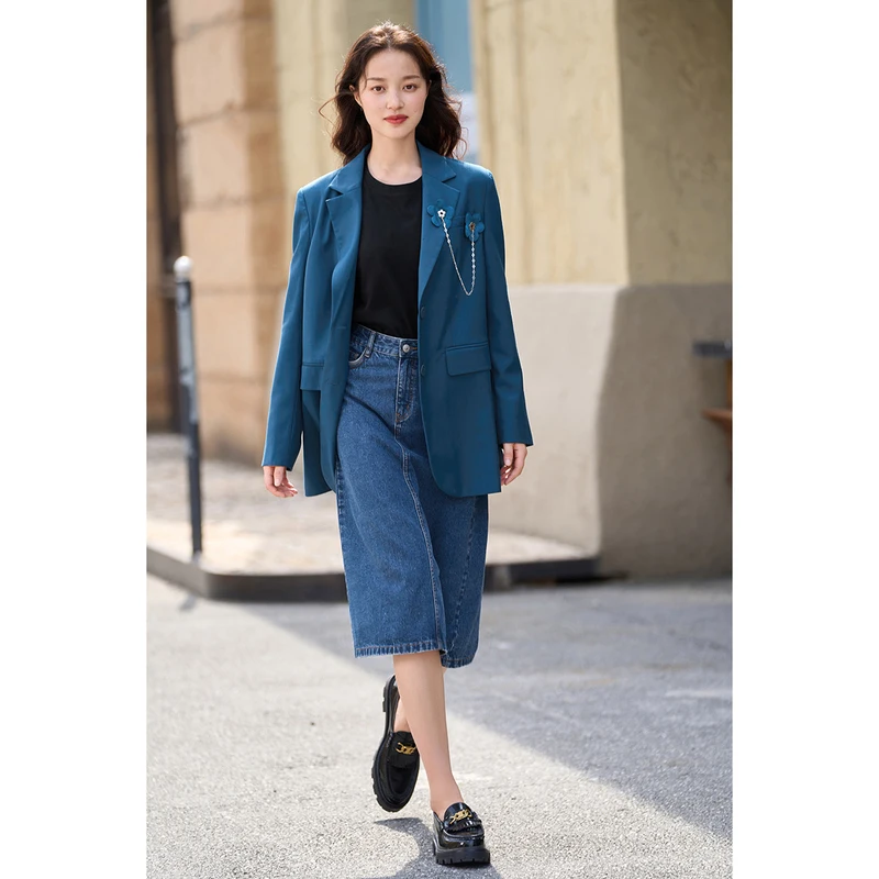 INMAN Women Blazer 2023 Autumn Long Sleeves Lapel Loose Coat Single Breasted Fashion Classics Versatile Navy Jacket Outwear