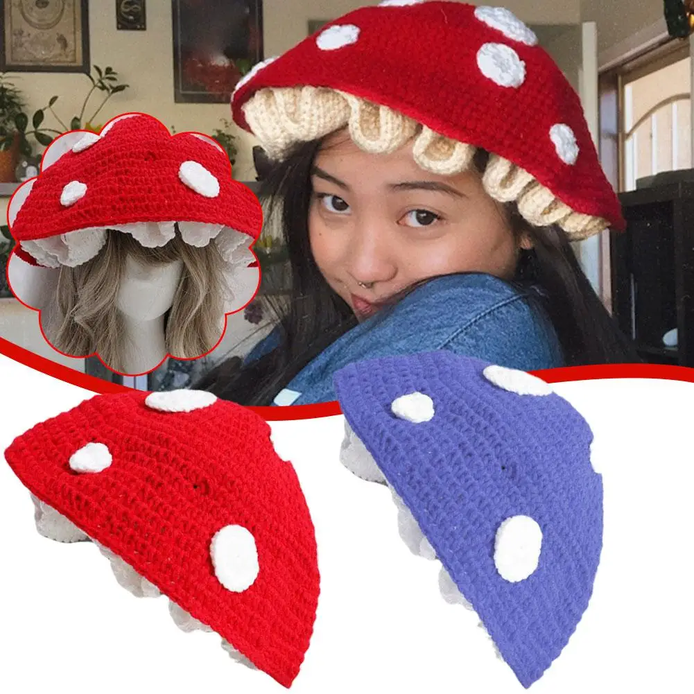 

Женская Мягкая вязаная крючком шапка в виде грибов Феи в стиле мори, милый теплый головной убор для улицы E8v3