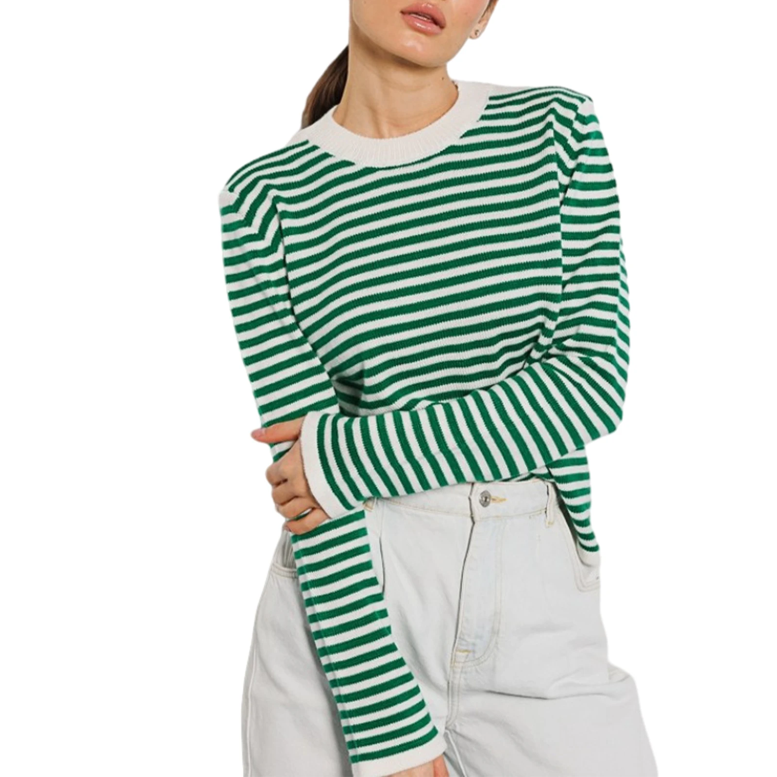 

Women Casual Versatile Knit Sweater Long Sleeve Crew Neck Striped Sweater Pullover Sweater for Fall Winter