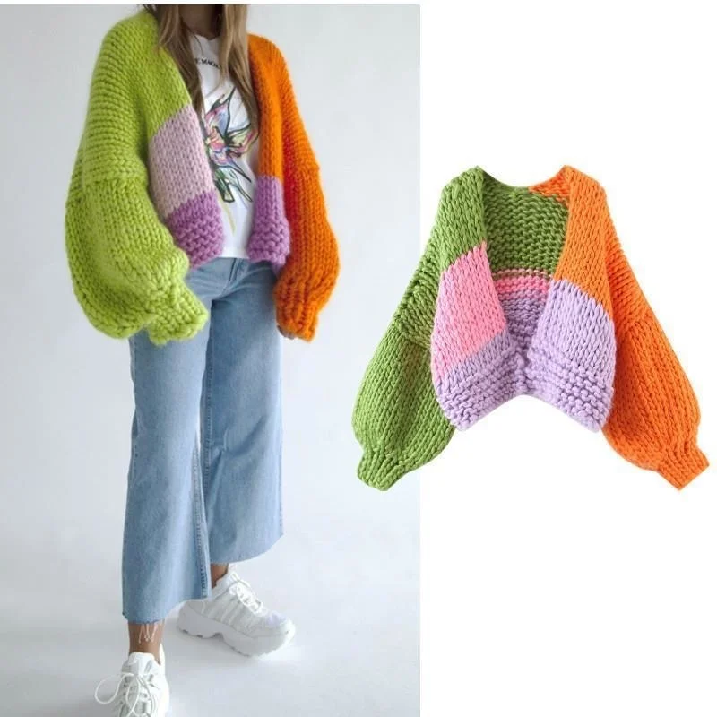 

2023 S-XL Autumn Handmade Women Knitted Cropped Cardigan Coarse Yarn Multicolor V -neck Slight Strech Y2k Sweaters for Women