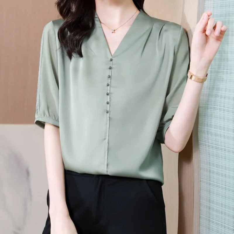 

Silk Shirt Women Summer 2023 New Female Clothing Sexy V-Neck Short Sleeve Womens Blouses Buttons Folds Woman Top Basic OL Blouse