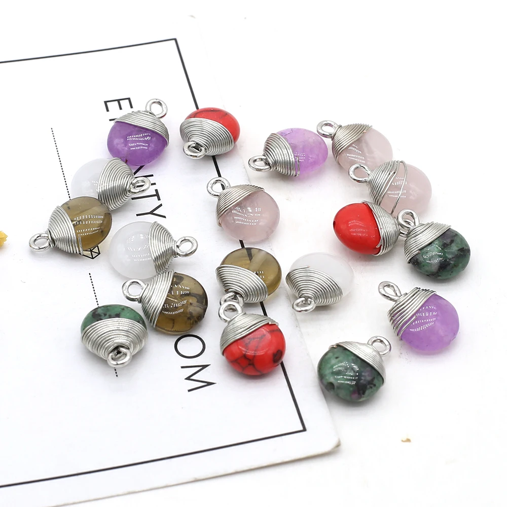 

15PCNatural Stone Rose Quartz Amethyst Flat Round Around Silver Wire Pendant For Jewelry MakingDIY Necklace Accessor Gift10x14mm