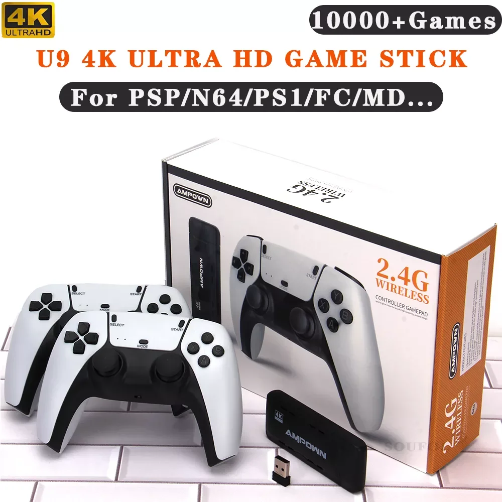 

U9 4K TV Game Stick With Two 2.4G Wireless Controller 64GB 10000 for PS1/PSP/N64 Retro Video Games Console Gaming Player GameBox