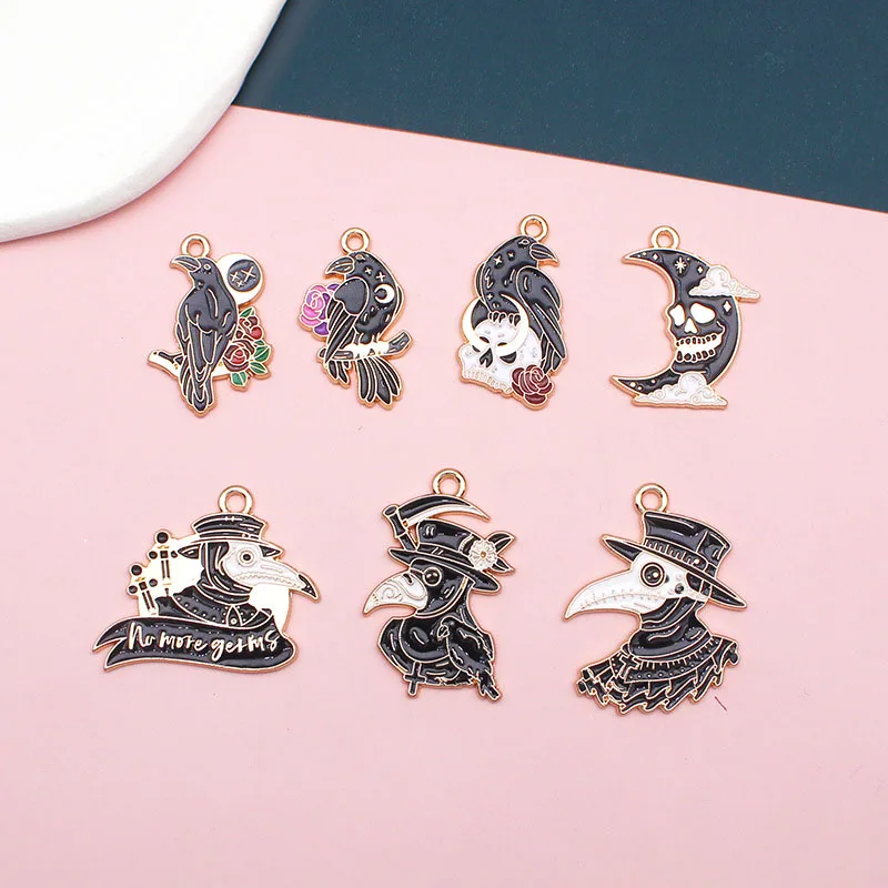 

10pcs/lot Enamel Punk Beak Bird Doctor Crow Charms Pendant DIY Handmade Necklace Halloween Moon Charm Accessories Jewelry Making