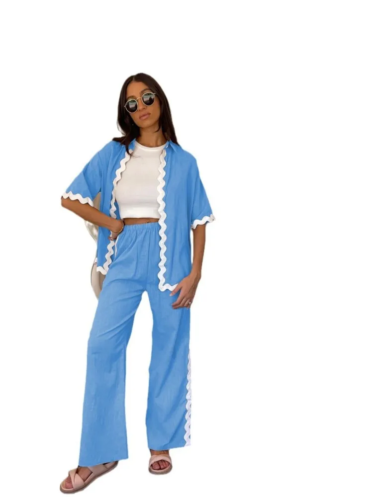 2024 летние новые однотонные комплекты брюк женская мода повседневные рубашки с