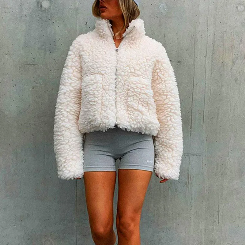 

Fleece Jacket Women Lamb Long Sleeve Fuzzy Cropped Jacket Zipper Pocket Turtleneck Fluffy Winter Coat Fashion Outfits White