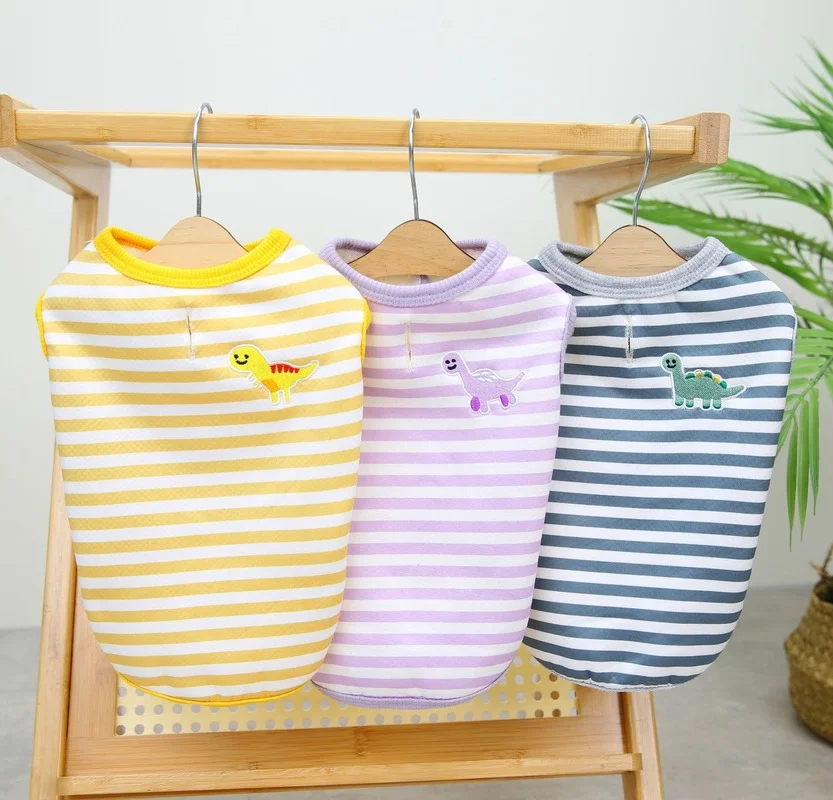 

Флисовый жилет с вышивкой в виде динозавра, одежда для собак, милая полосатая мягкая одежда для маленьких собак, зимняя теплая удобная одежд...