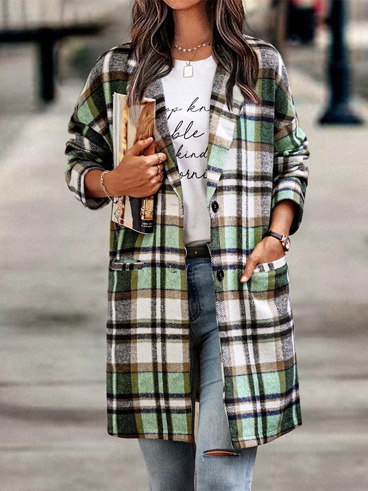 

All-match Coat Women Korean Fashion 2022 Fall Plaid Print Pocket Detail Long Sleeve Coat Casual Elegant Knitted Oversize Jacket