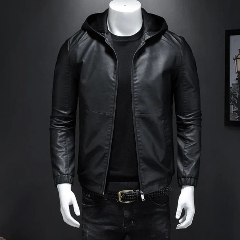 2022 Autumn Winter New Men's Hooded Leather Fashion Casual Clothes Washed PU Faux Fur Jacket Coat Trendy Streetwear
