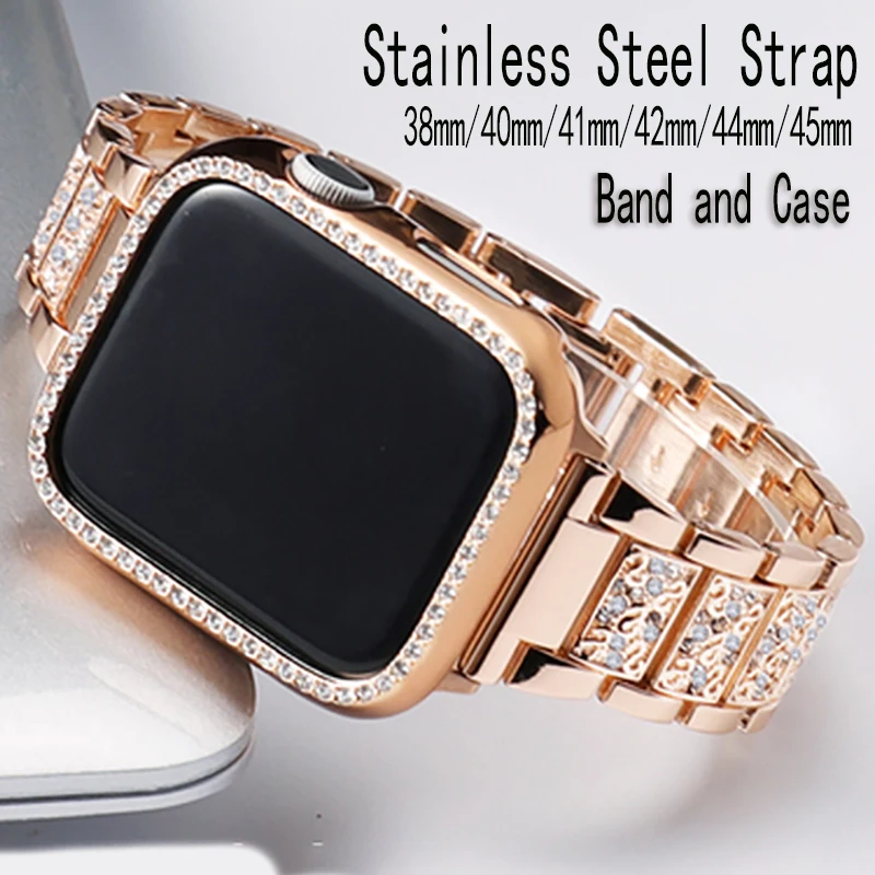 

Metal stainless steel for apple watch band and case 6 se 5 4 3 2 38 40 42 44mm girl luxury bracelet for iWatch 7 series 41 45mm