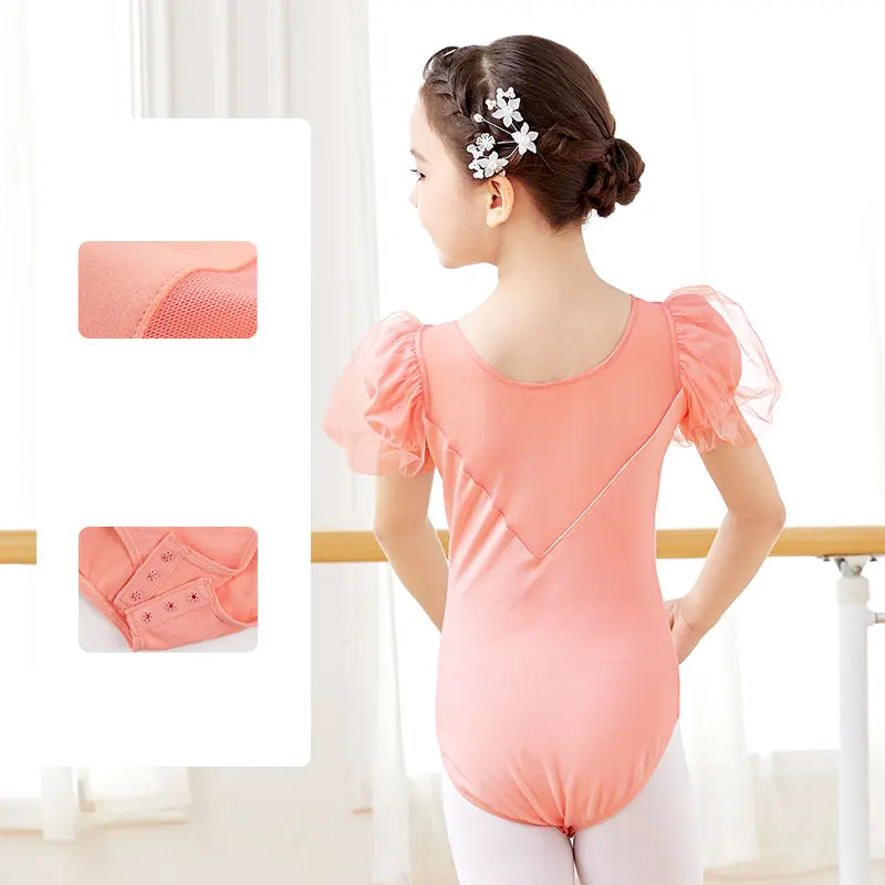Ballet Leotards Girls Cotton Splice Puff Short Sleeves Dance Leotards Gymnastics Leotard Ballet Dancing Bodysuit For Girls