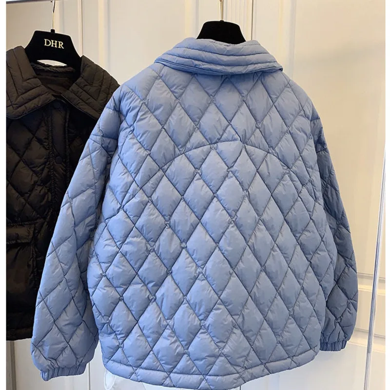 Winter Jacket Women Lapel Diamond Lattice Light And Thin Short 2023 Thickened Warm Korean Fashionable Internet Celebrity Coat