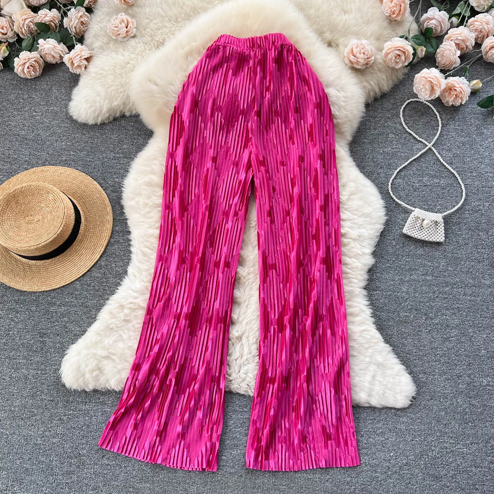 

Summer Women Casual Solid Stripe Long Pants Vintage Slim Loose Straight Wide-Leg Trousers Female Chic Baggy Pantalons New