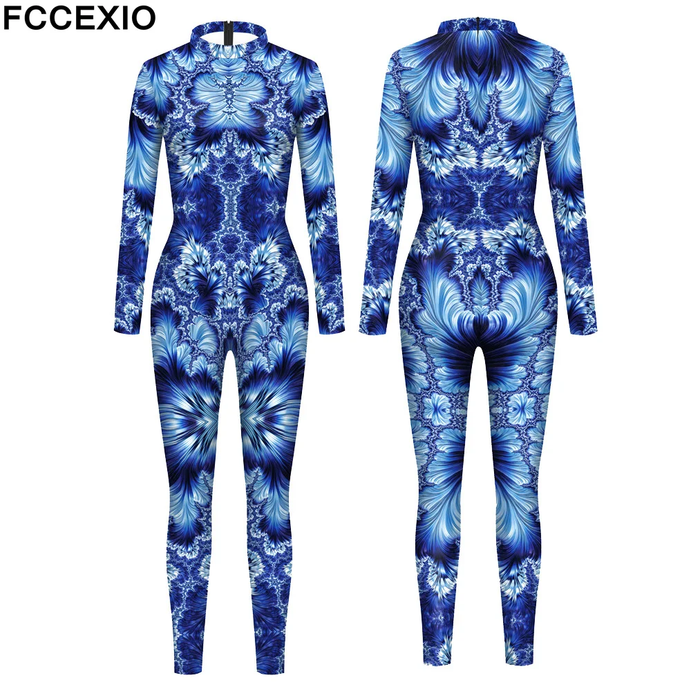 FCCEXIO Tie-dye Flowers 3D Print Women Sexy Skinny Jumpsuit Carnival Cosplay Costumes Fancy Bodysuit Fashion Street Jumpsuits