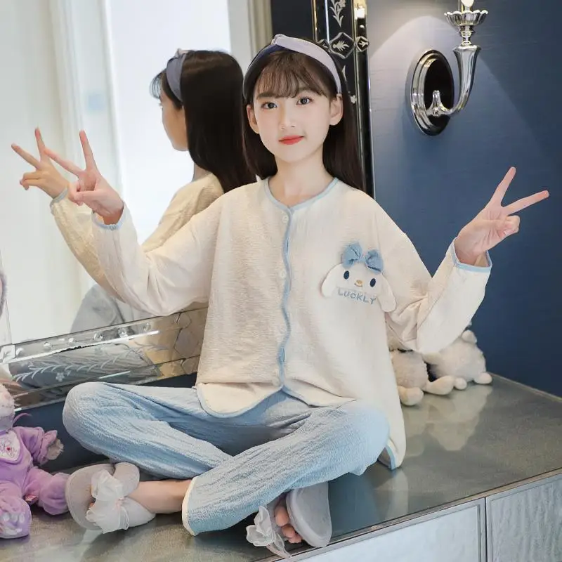 

Sanrio Pyjamas Set Cinnamoroll Cute Cartoon Autumn Thin 2Pieces Round Girl Pajamas Suit Comfortable Loose Homewear
