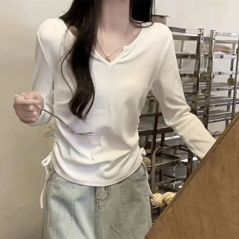 Long Sleeve T-shirts for Women Shirring Autumn V-neck Tops Fashion Korean Style Female Sweet All-match Leisure Simple Basic Tees