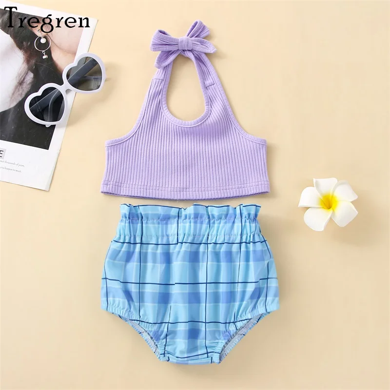 

Tregren, милая яркая фиолетовая майка с подвесным воротником и клетчатые шорты из полипропилена, комплект одежды из 2 предметов, летняя одежда