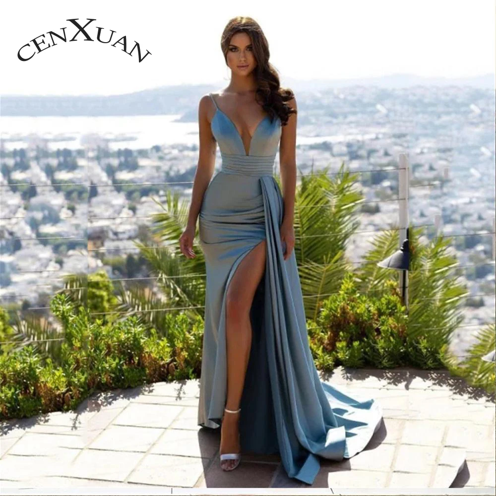 

Cenxuan Charming Satin Trumpet Deep V-Neck Spaghetti Starp Backless Side Slit Evening Gowns For Women Personalised Abendkleider
