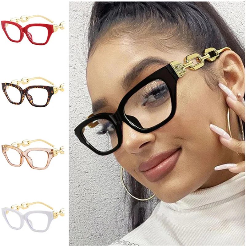 

NEW Anti-Blue Light Glasses Women Personality Chain Temples Eyeglasses Oversize Frame Spectacles Cat Eye Clear Lens Eyewear