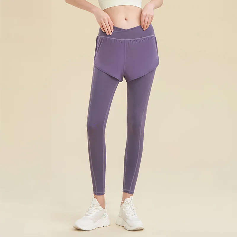 High Waist Fake Two-piece Running Quick-drying Fitness Pants Bottoming Sports Pants Elastic Training Leggings Women's Outerwear