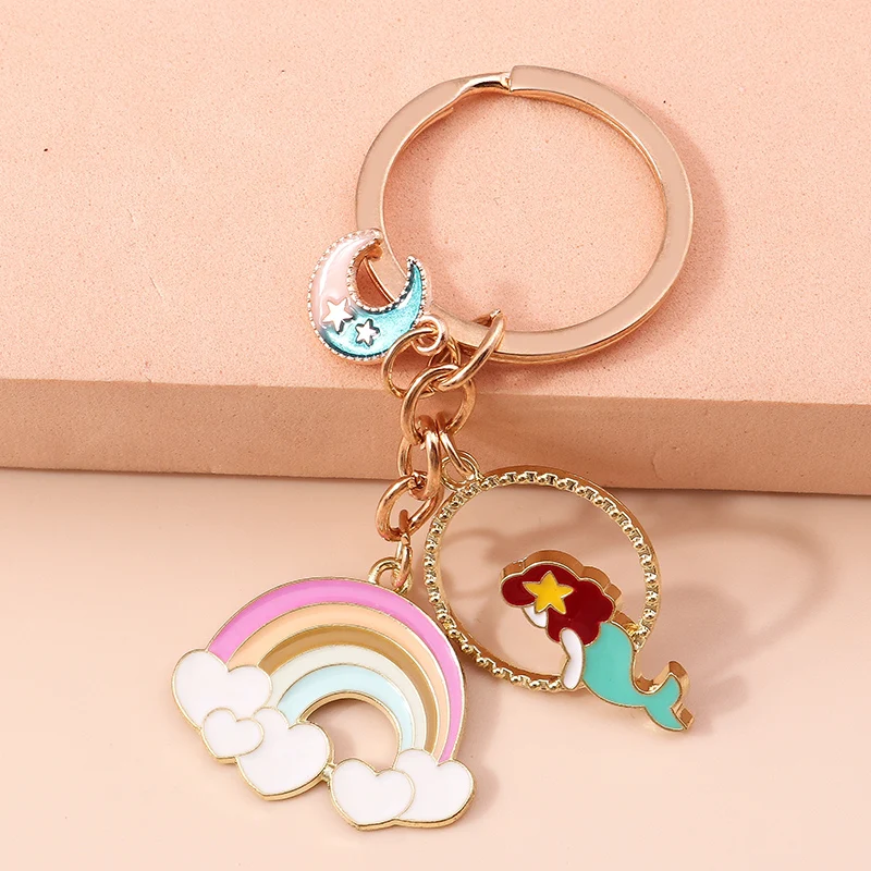 

Cute Rainbow Clouds Keychain Enamel Mermaid Moon Keyrings for Women Men Handbag Key Chains Accessories DIY Handmade Jewelry Gift