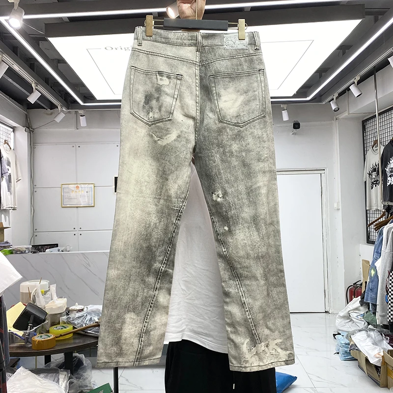 Streetwear Tie Dye Washed Distressed Jeans Men Women High Quality Patchwork Casual Heavy Fabric Trousers Jean Pants