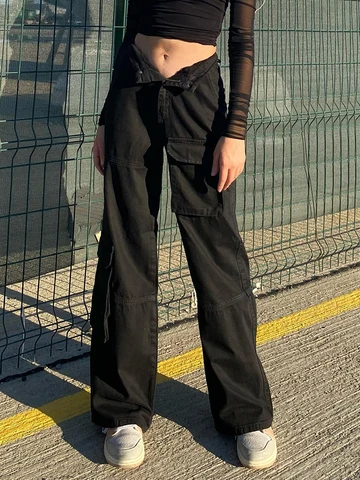 Weekeep Low Rise Black Jeans Baggy Pocket Patchwork Straight Cargo Pants Harajuku Streetwear Denim Trousers Women Fashion Capris