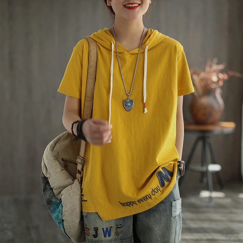 

2021 New Summer Korean Fashion Female Tops Women Short Sleeve Casual T-shirts 100% Cotton Loose Hooded Tee Shirt Plus Size Slim