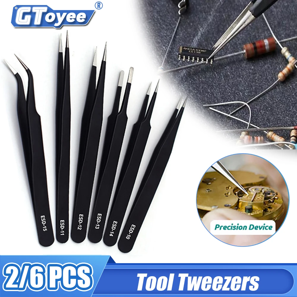 

2/6PCS Anti-Static Stainless Steel Tweezers Precision Maintenance Industrial Repair Curved Tool Working Model Making Hand Tool