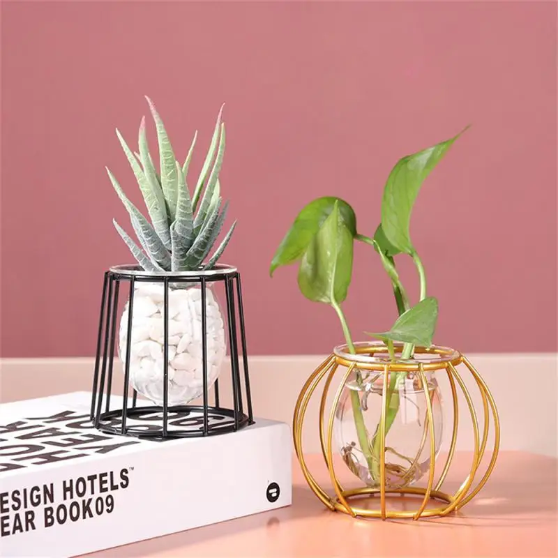 

Glass Vase Plating Geometry Metal Glass Handmade Robust Metal Frame Vase Hydroponic Plant Plant Vase Handicraft Flowerpot
