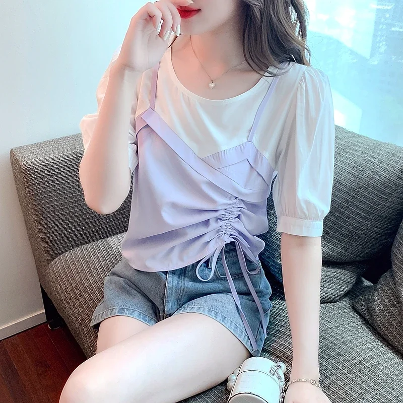 Блузка женская летняя с круглым вырезом и коротким рукавом G436