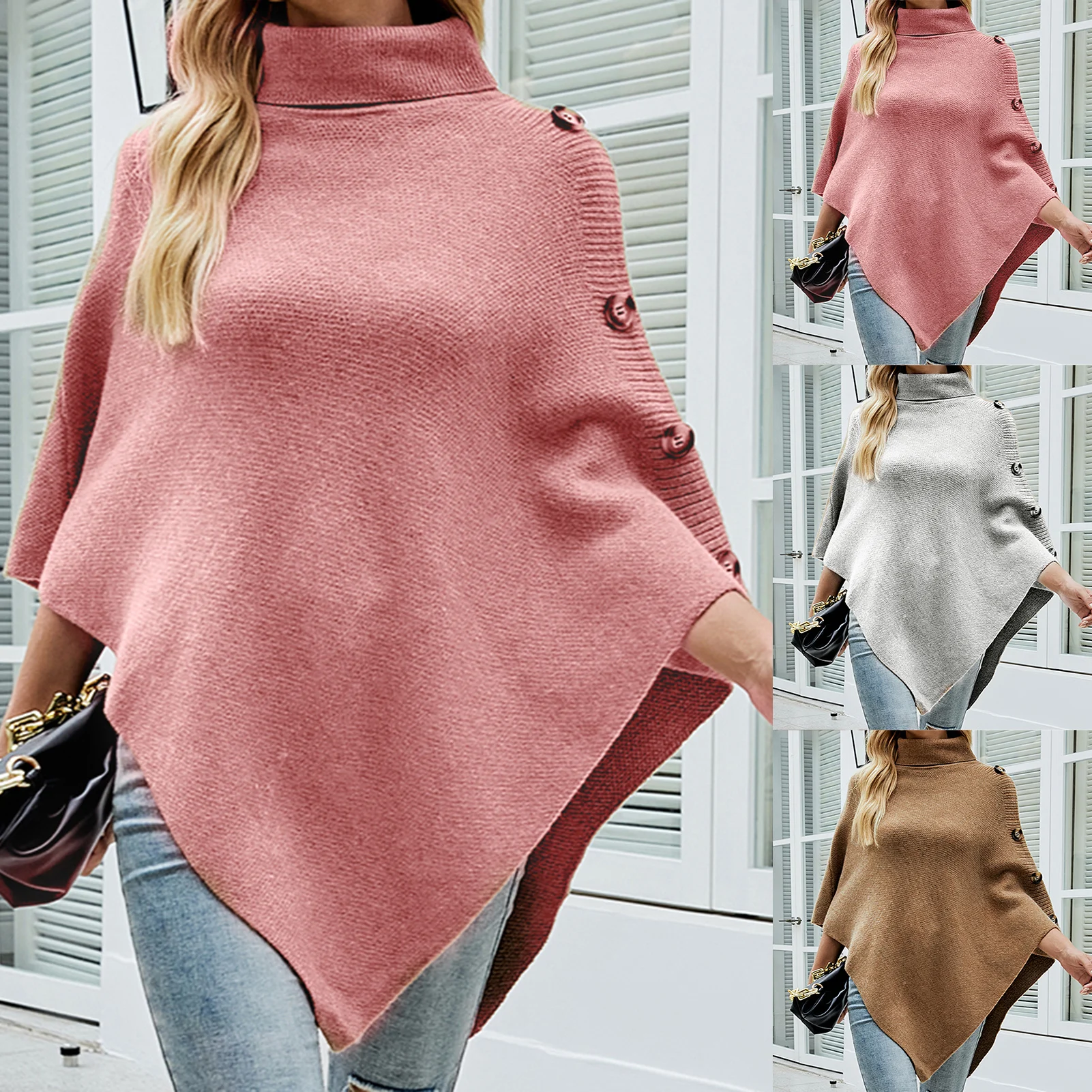 

Solid Color Knit Cape Shawl Single-breasted Cloak Warm Smock High-necked Sweater Coat Elegant Loose Pullover Asymmetric Design
