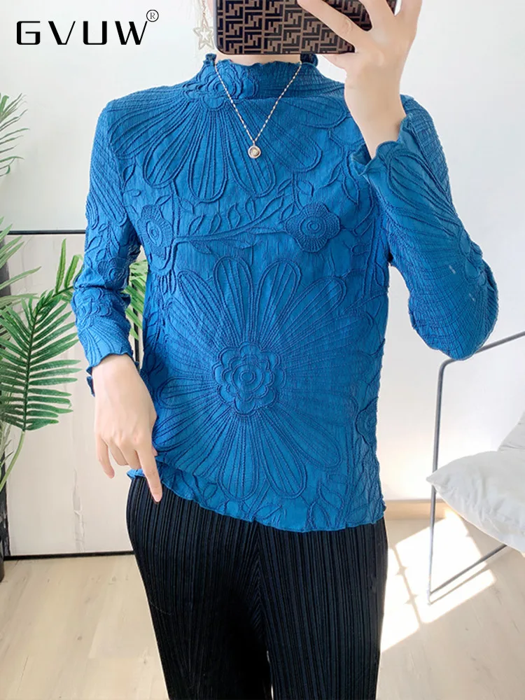 

Женская плиссированная футболка GVUW, повседневная облегающая футболка с длинным рукавом и круглым вырезом, модель 17G0569 на весну и осень