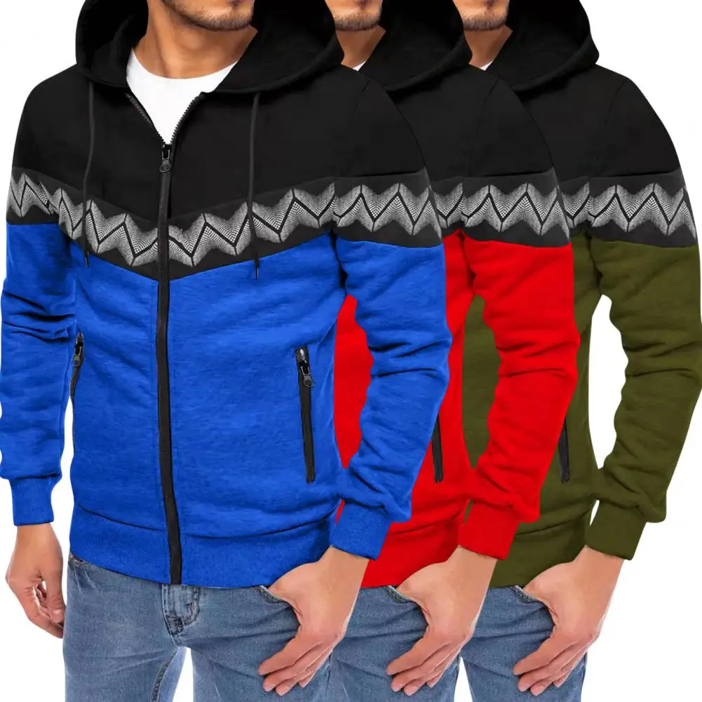 

Chic Men Hoodie Jacket Soft Autumn Jacket Zipper Anti-pilling Color Block Autumn Hoodie Hooded