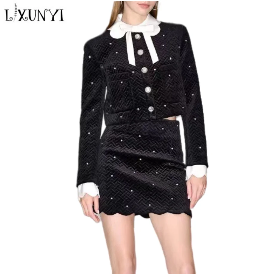 LXUNYI Velvet Suit Women Blazer Autumn Fashion Long Sleeve Heavy Beading Skirt Contrast Color Patchwork Bow Sweet 2 Piece Set