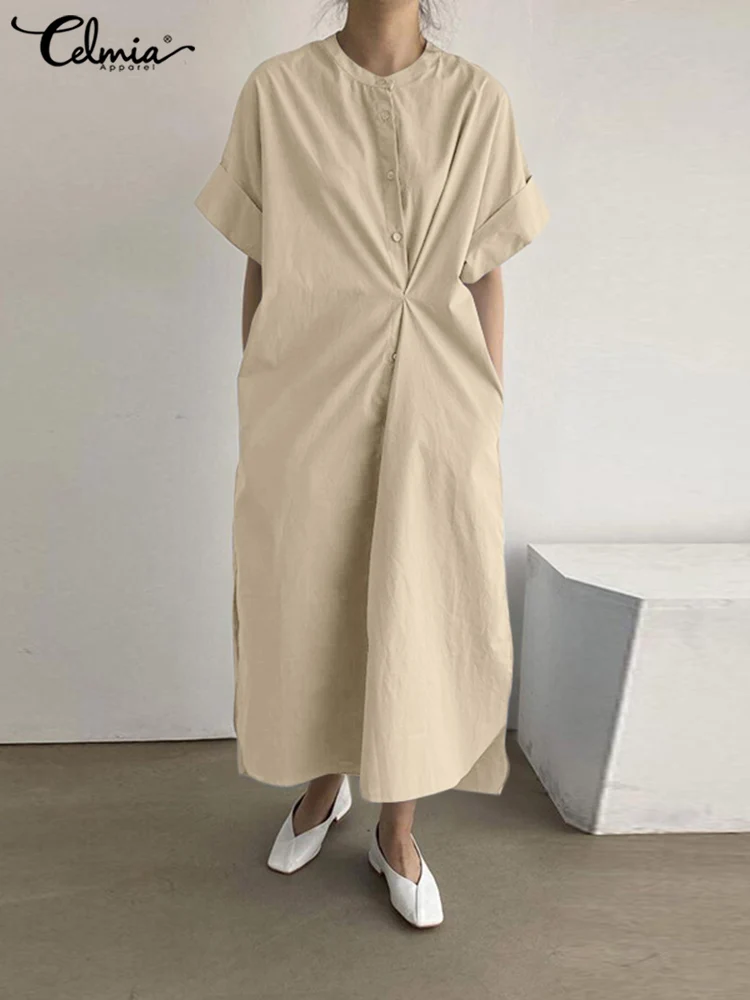 

Celmia винтажное вечерние ское Вечернее Платье макси с коротким рукавом модное Хлопковое платье-рубашка 2022 летнее повседневное свободное одн...