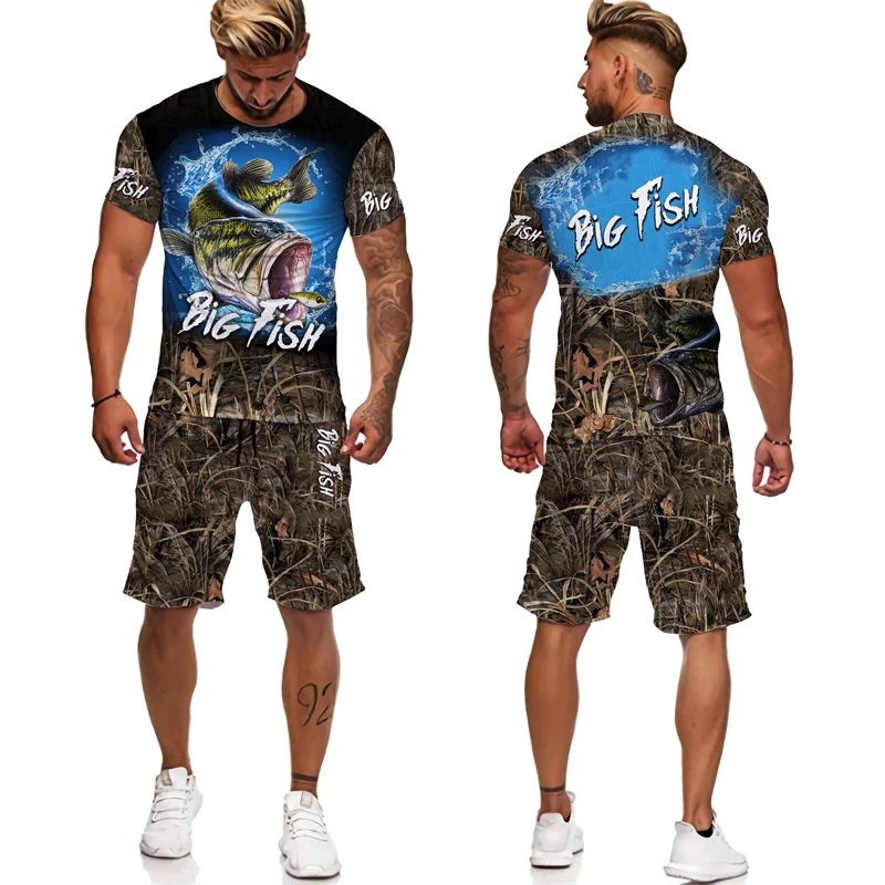 2023 summer new men's camouflage animal fish pattern 3D printing men's T-shirt / shorts / suit men's Harajuku fashion T-shirt su