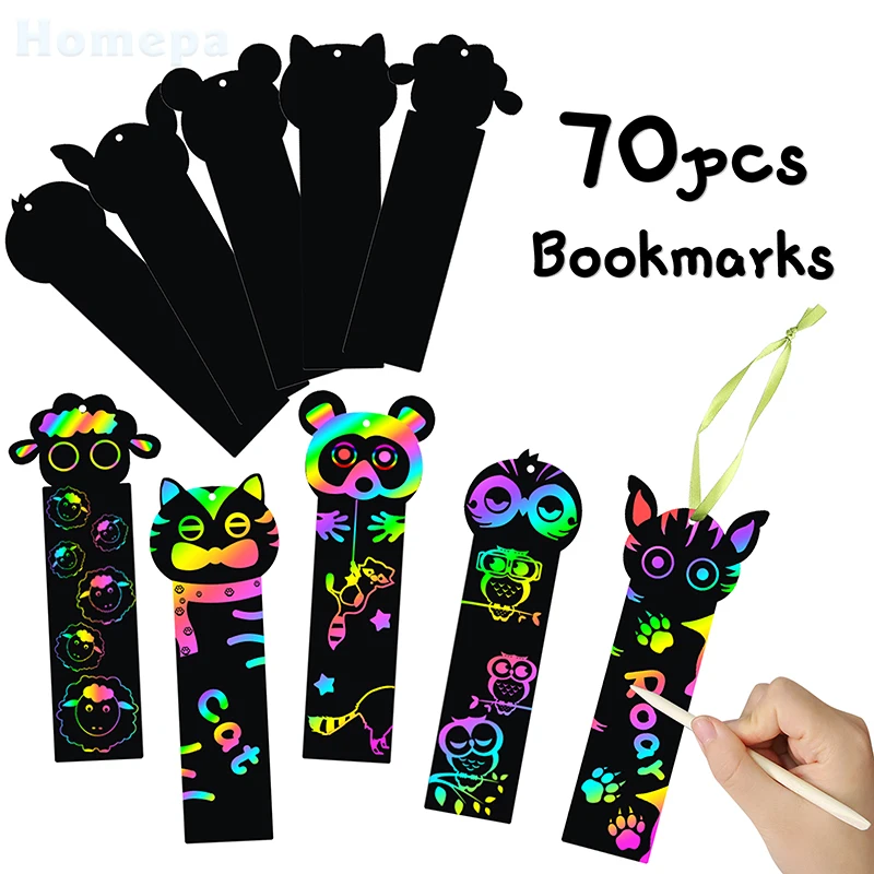 

70Pcs Animal Scratch Bookmarks Rainbow Scratch DIY Hang Tags Party Favors Theme Birthday Party Preschool Crafts Kit for Kids