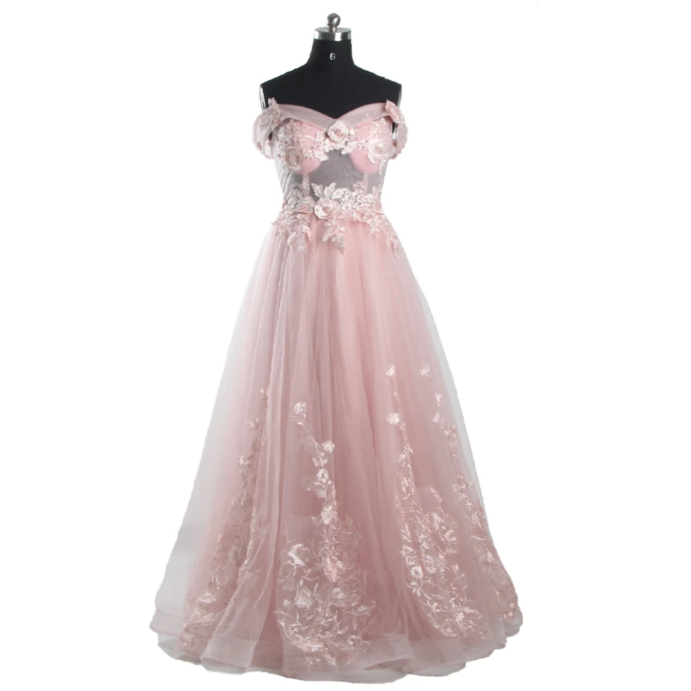 

Evening Dresses Pink Appliques Beading Off the Shoulder Short Sleeves Lace A-line Tulle Floor Length Women Party Dress CH003