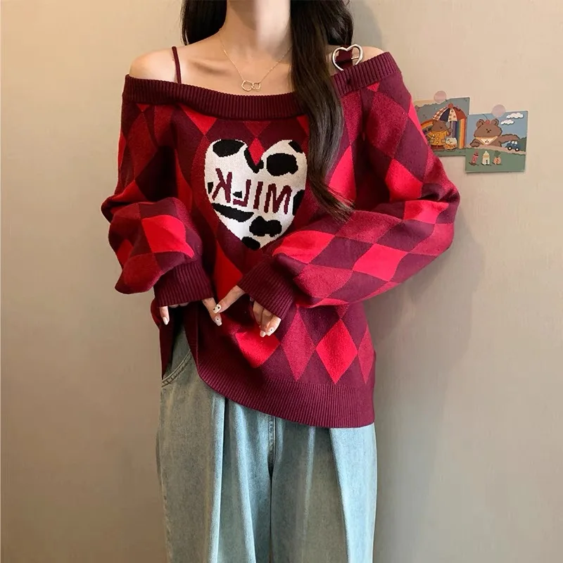 

Fashion Original Self-made Sweater Design Sense Small Female 2023 New Line Shoulder Sweet And Spicy Loose Diamond Check Sweater